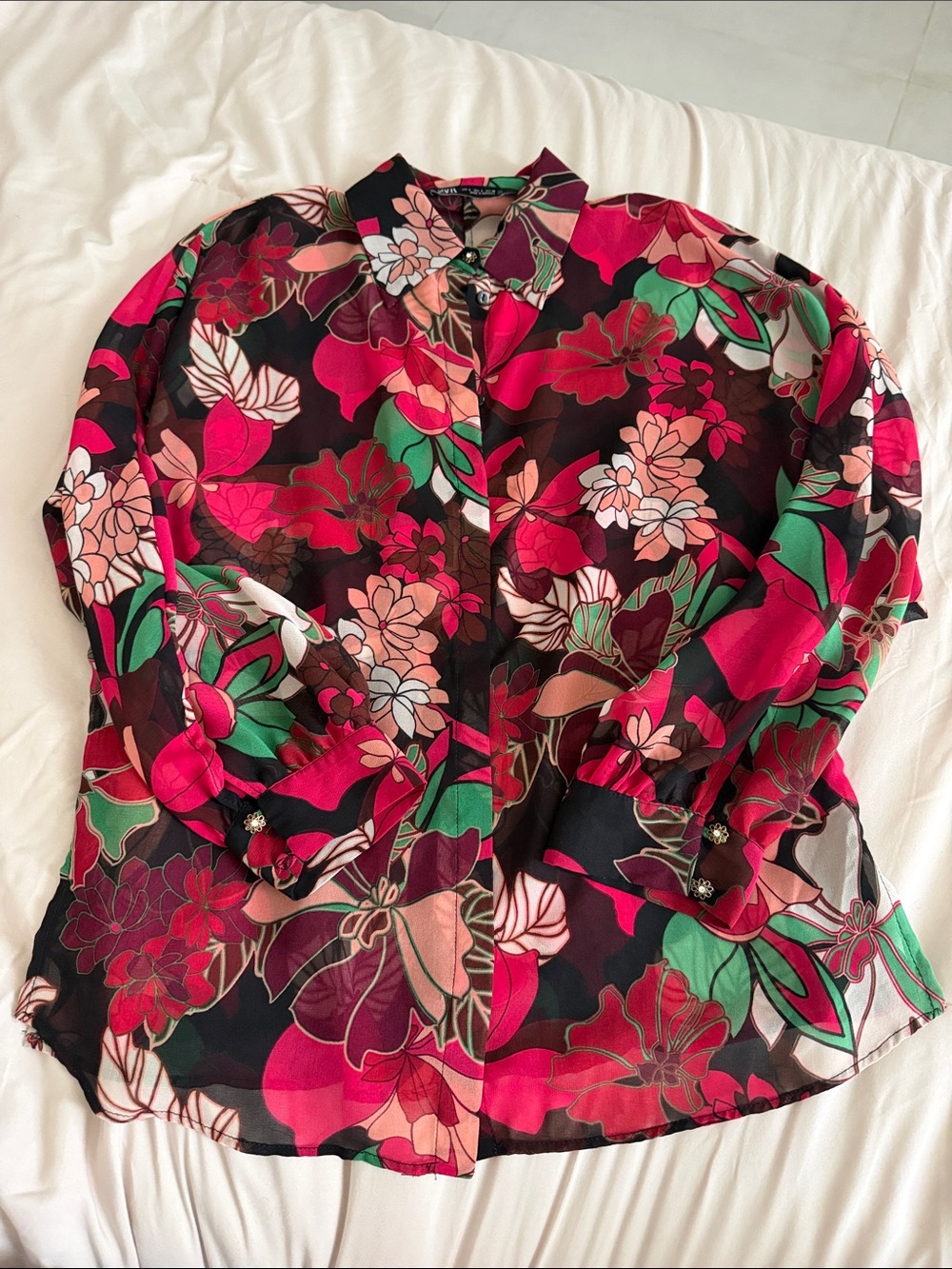 Zara Floral Button-Up Blouse in Black, Pink & Green